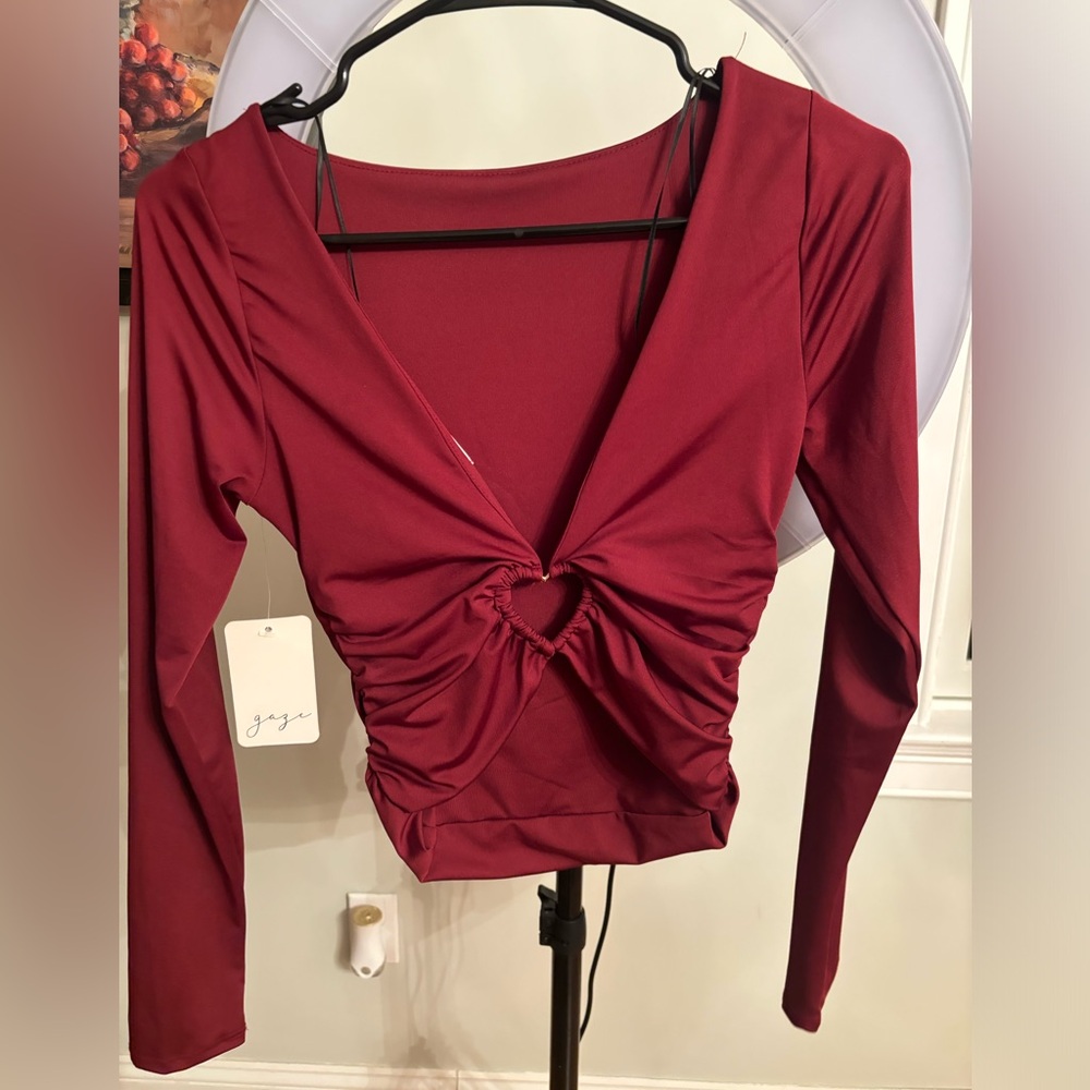 Gaze Deep Red Ruched Crop Top - Picture 1 of 2